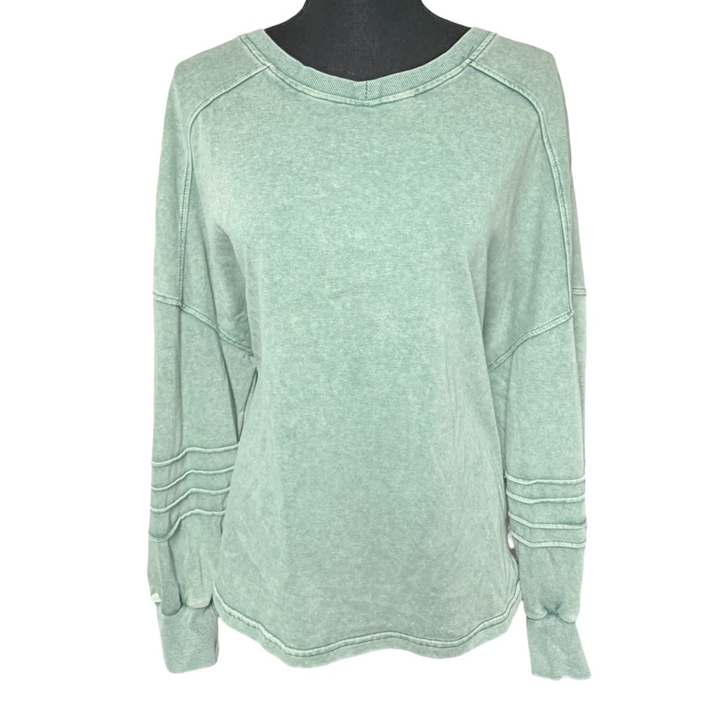 Stone Wash Sage Green Seam Detail Long Sleeve Top